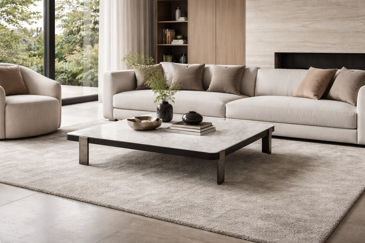 שולחן סלון מלבני מודרני בסלון עם ספה פינתית