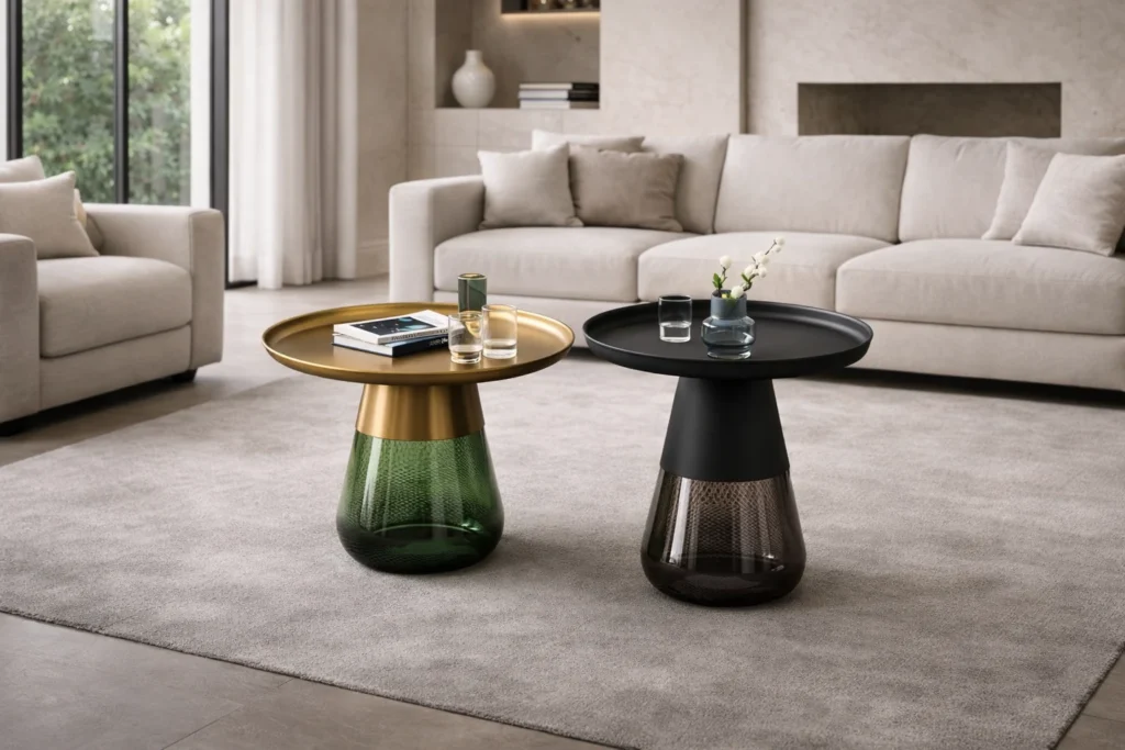 שולחן סלון מעוצב מול ספה פינתית בסלון מודרני