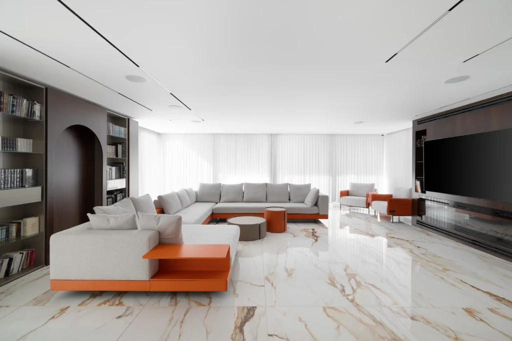 עיצוב סלון בקווים נקיים וחומרי גמר פרימיום – אשדוד