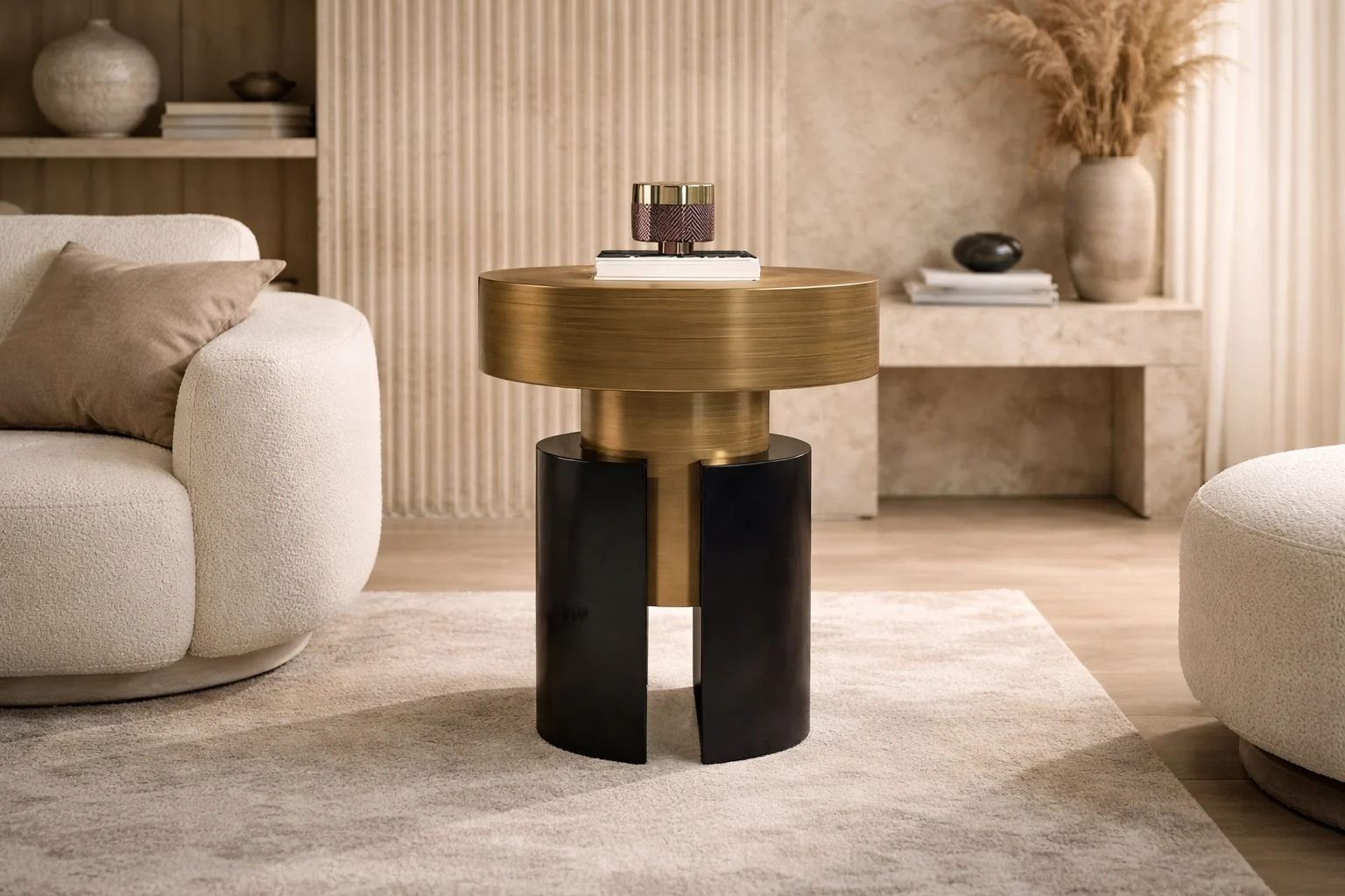 שולחן צד עגול מודרני לצד ספה בסלון