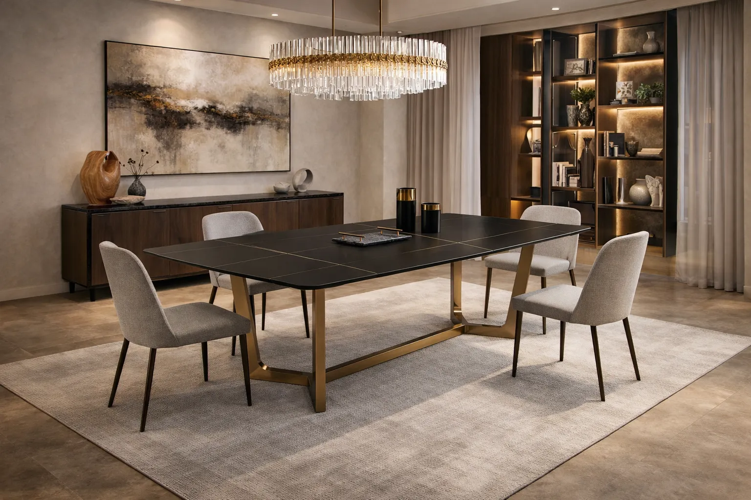 שולחן אוכל מרובע גדול באזור האוכל בבית מודרני