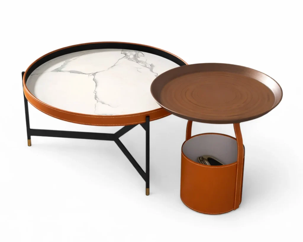 זוג שולחנות סלון מעוצבים בסגנון מודרני עם עור אוכף אמיתי
