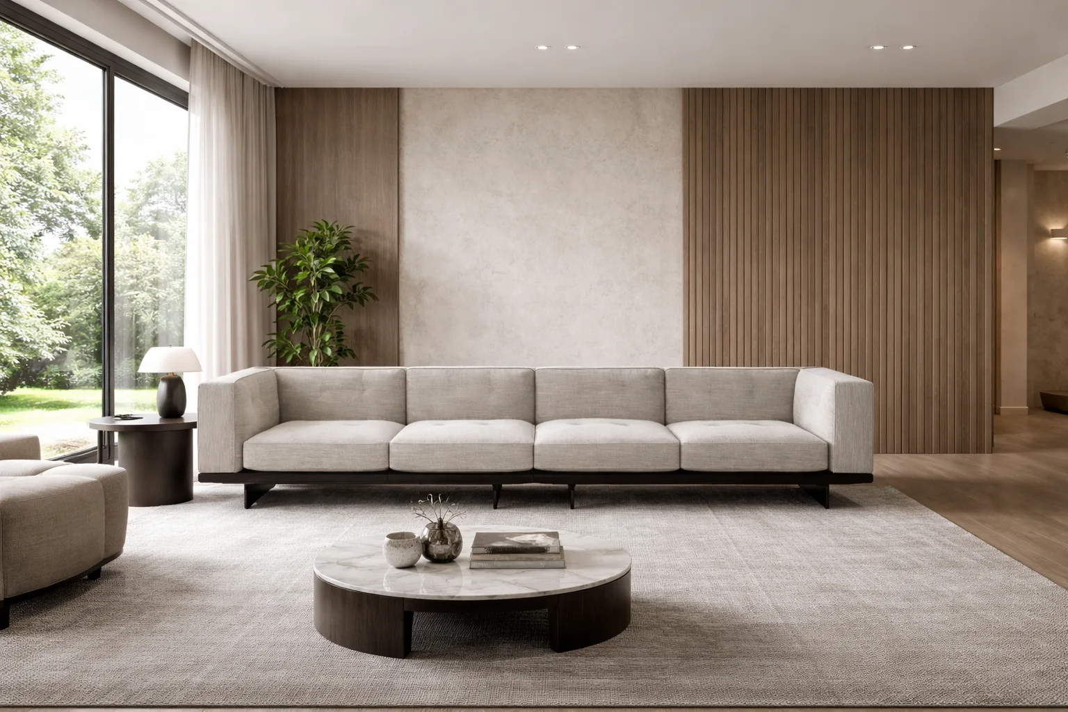 ספה ישרה בסלון מעוצב בקווים נקיים