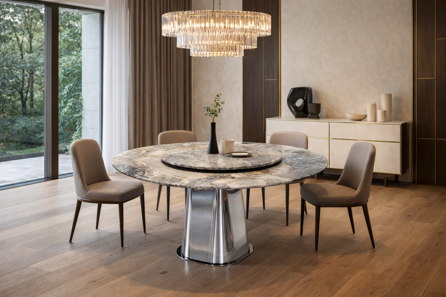 שולחן אוכל עגול שמאפשר ניצול מקום וזרימה בחלל