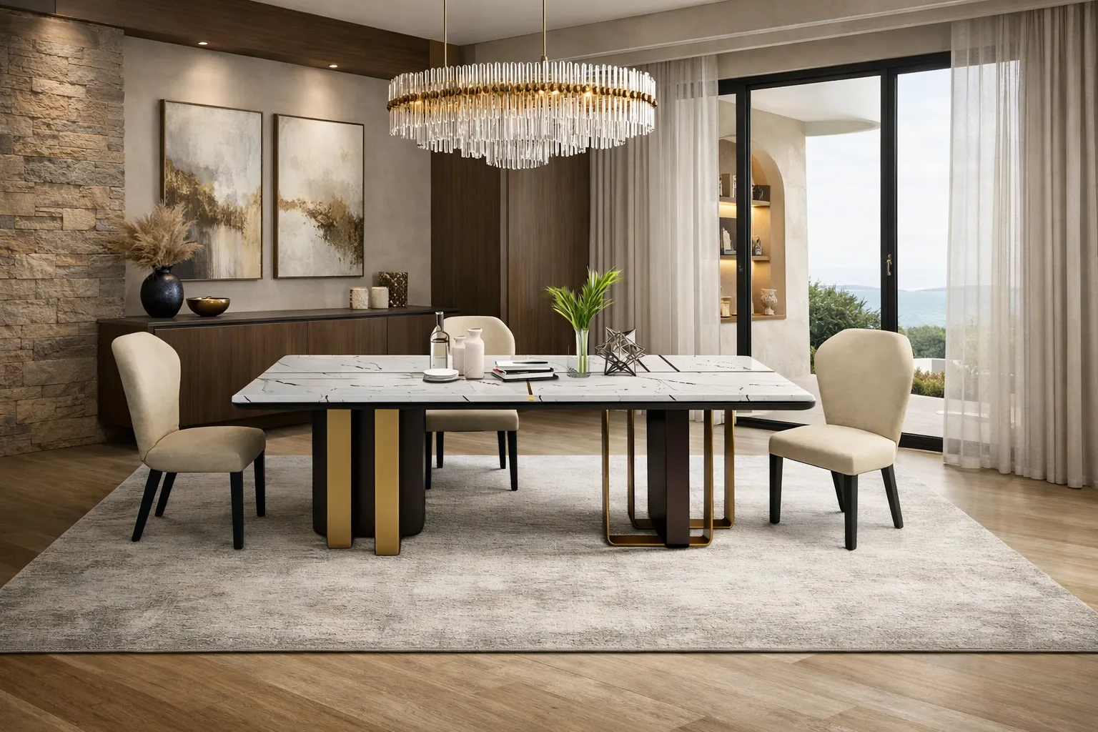 שולחן אוכל מרובע עם משטח שיש טבעי