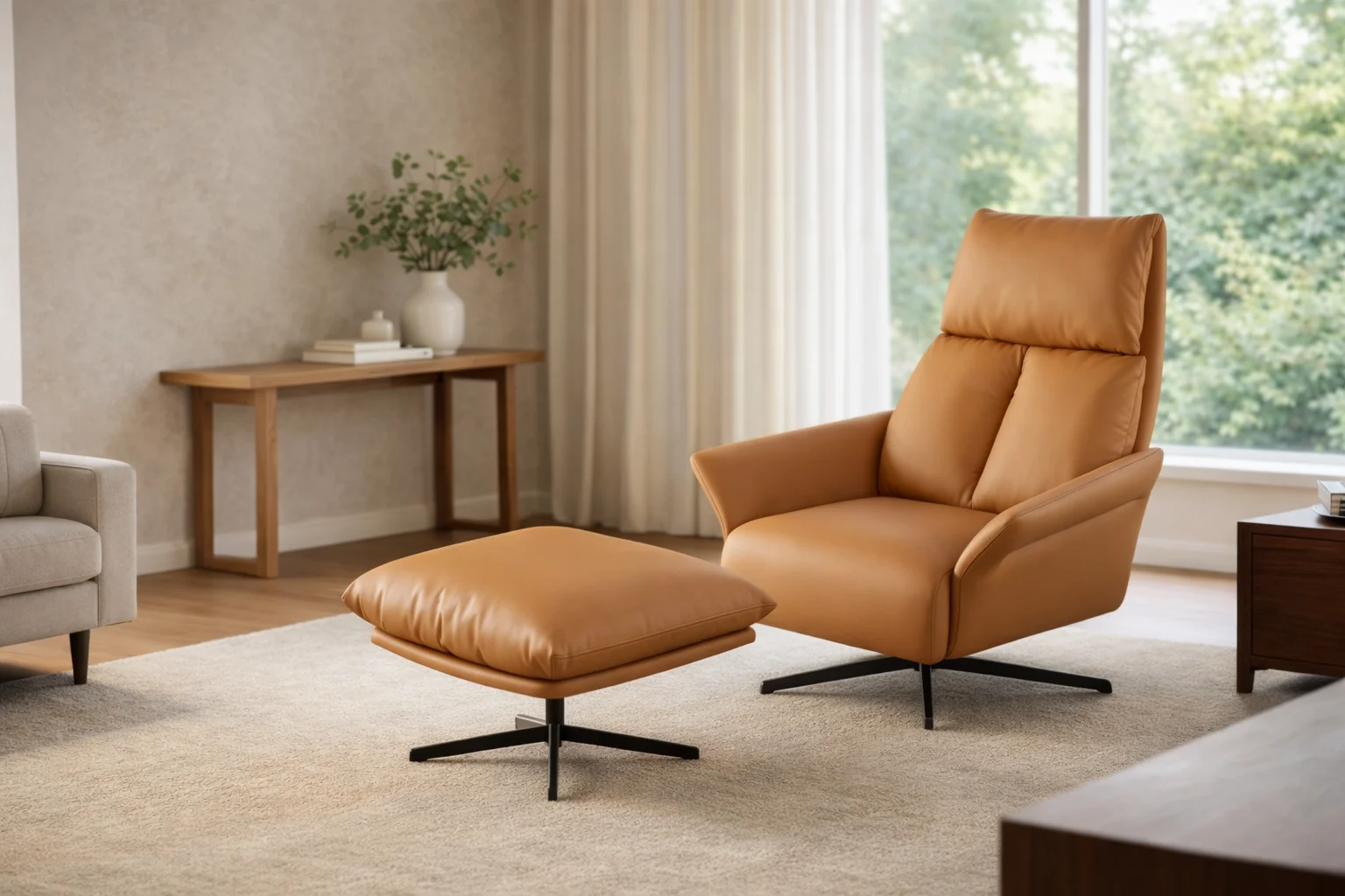 הדום לרגליים מדמוי עור עם כורסא לסלון קטן