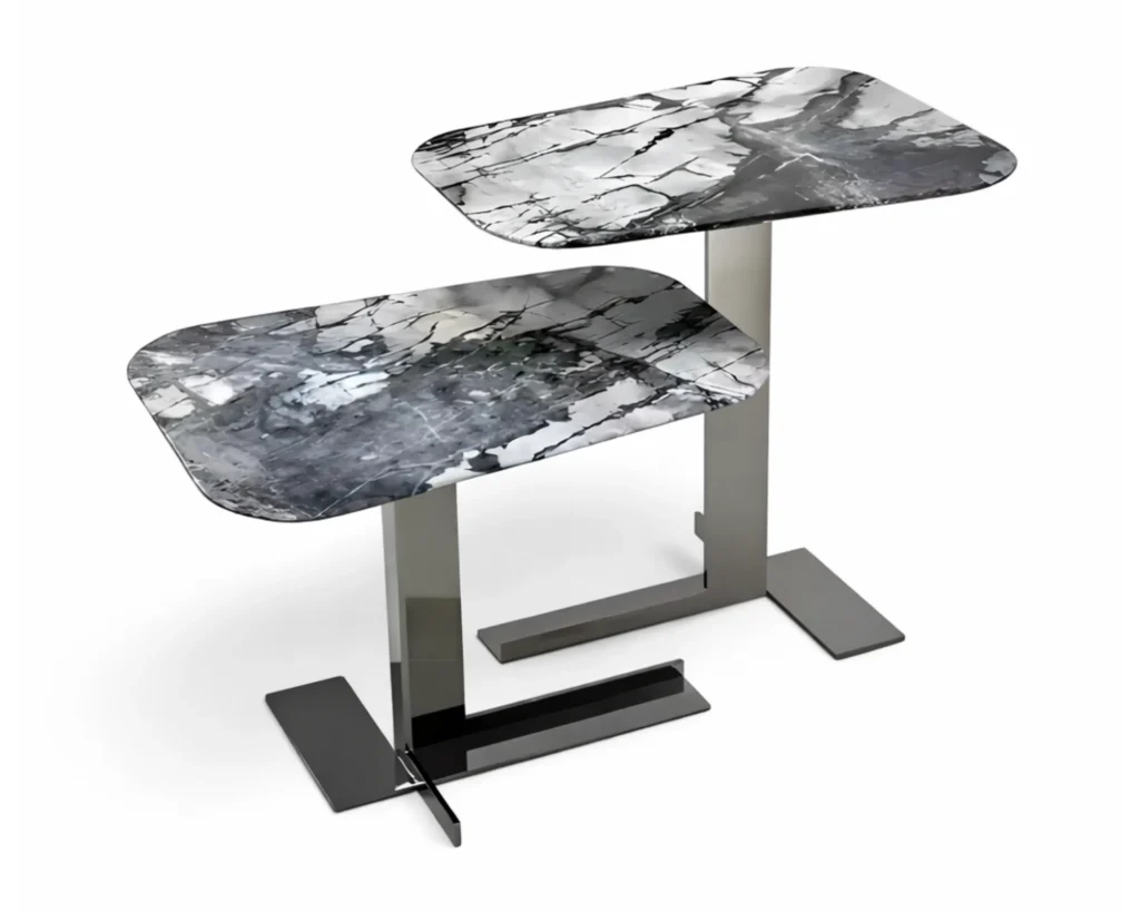 סט שולחנות צד עם משטח שיש מלאכותי ובסיס פלדת אל חלד