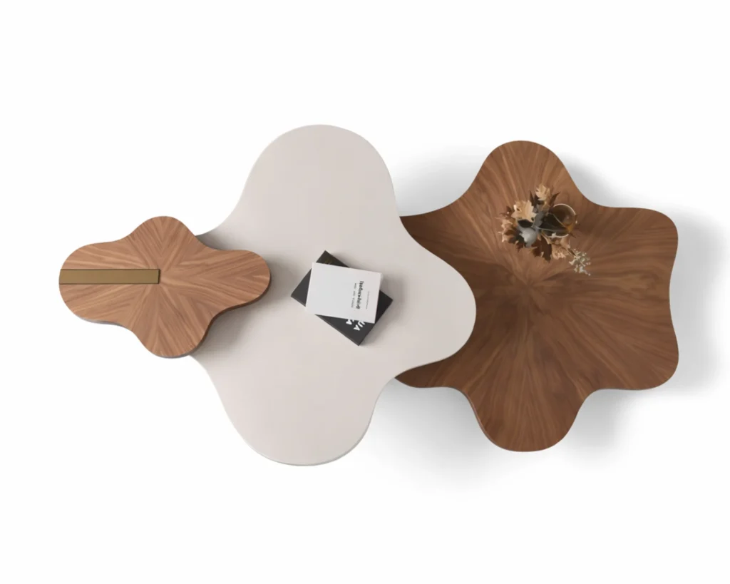 זוג שולחנות סלון מעוצבים בשילוב עץ ושיש