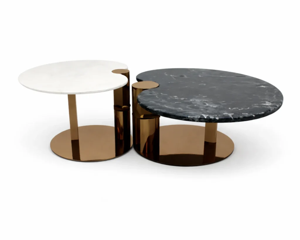 סט שולחנות סלון עגולים משיש טבעי ונירוסטה