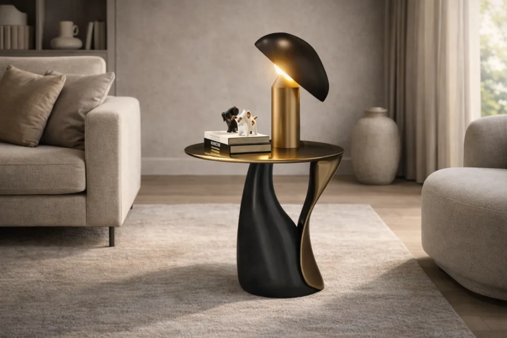 שולחן צד קטן לצד ספה בסלון מודרני