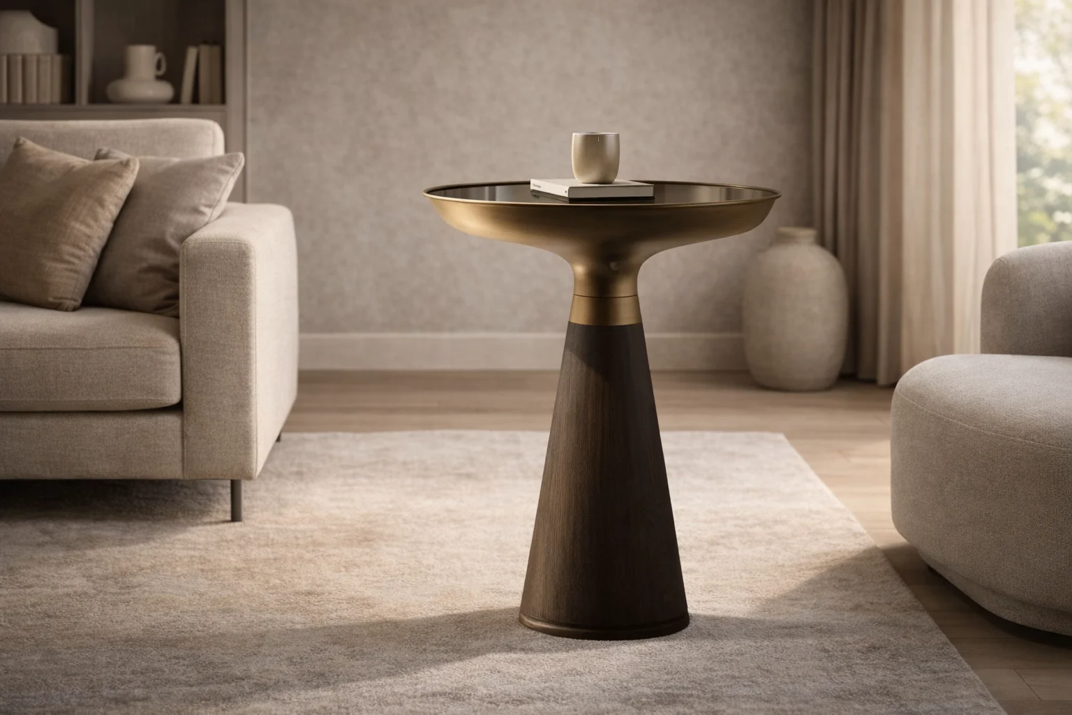 שולחן צד קטן בעיצוב מודרני ליד ספה בסלון