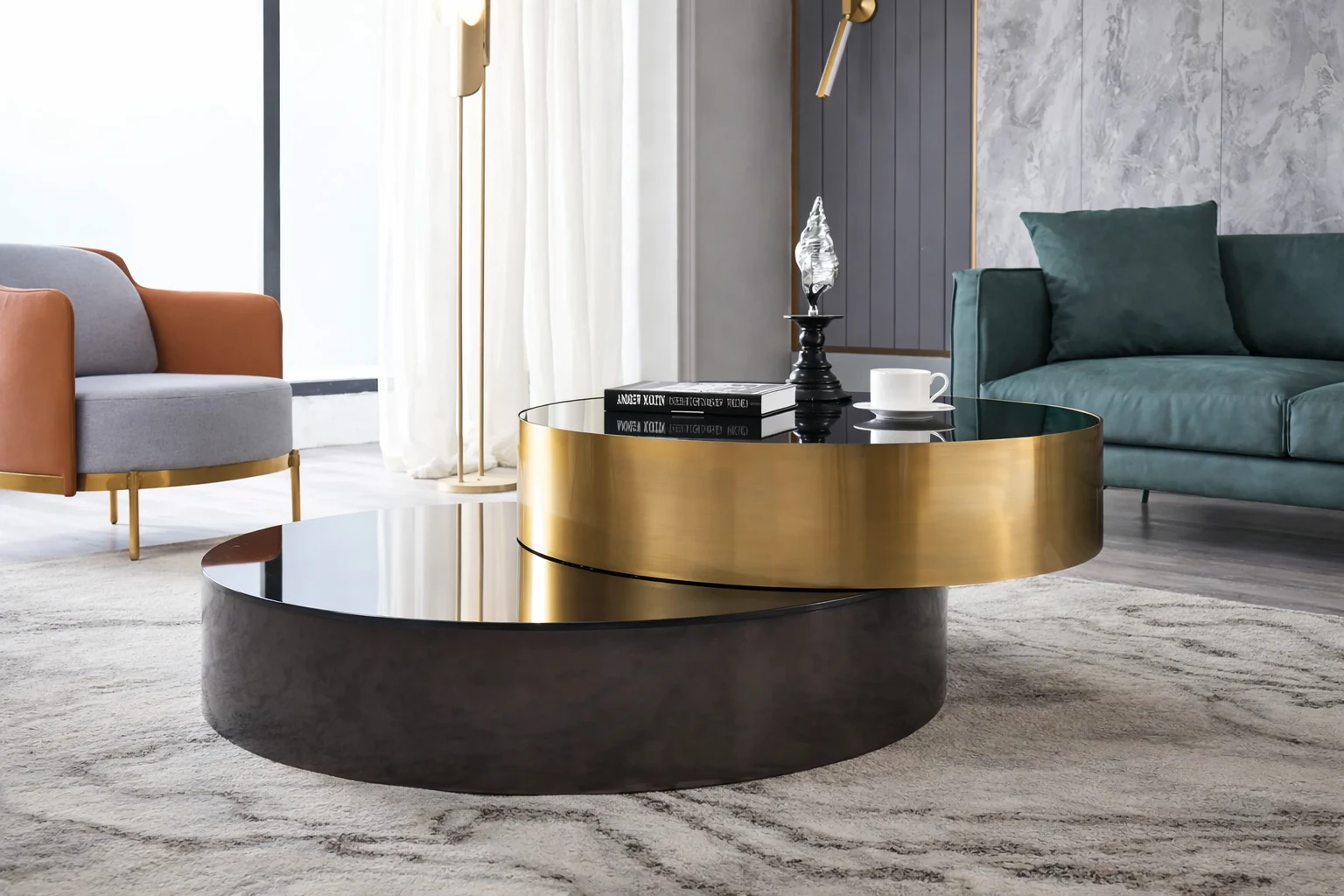 שולחן סלון מודרני מול ספה פינתית בסלון מעוצב