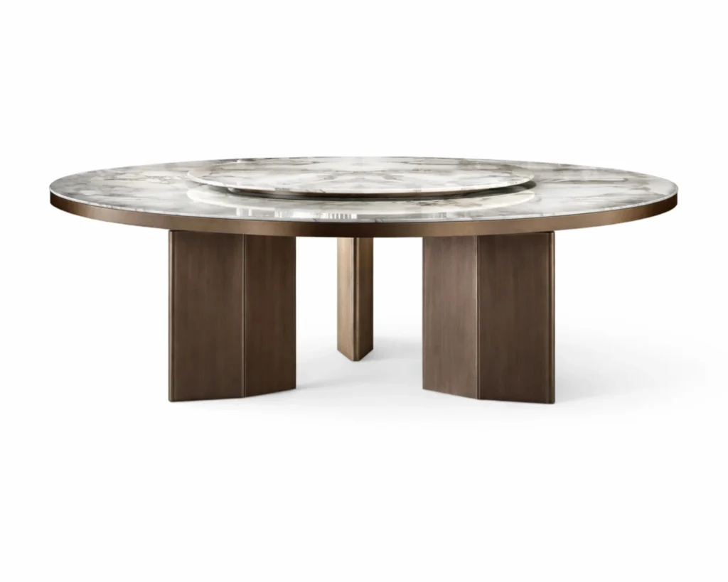 שולחן אוכל עגול מרשים עם שתי לוחות שיש