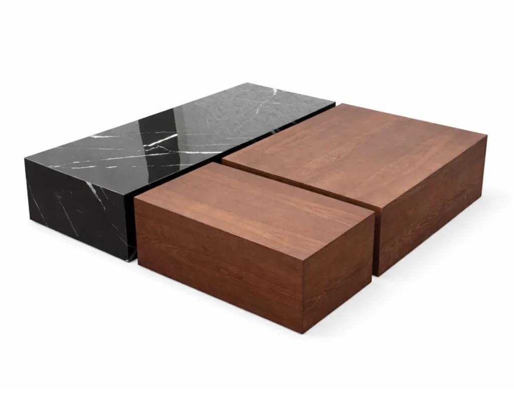 סט שולחנות סלון מלבניים בשילוב עץ ושיש שחור